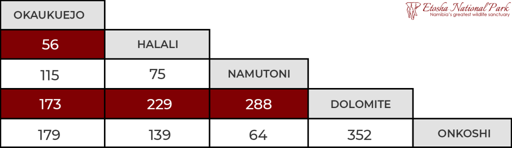 Cuadro distancias etosha